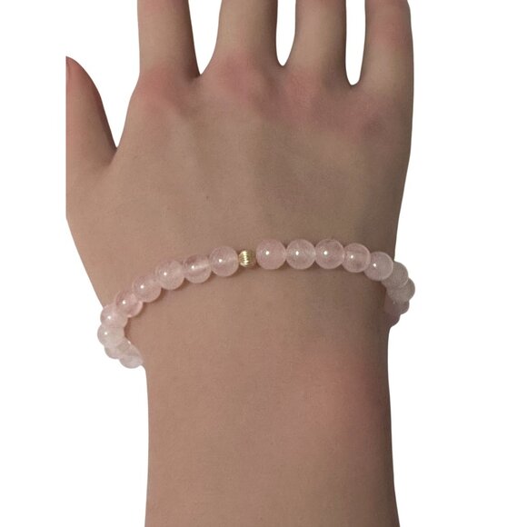 Gemstones Rose Quartz 6mm Stretchable Bracelet 14k Gold Corrugated Bead Charm - Picture 6 of 6